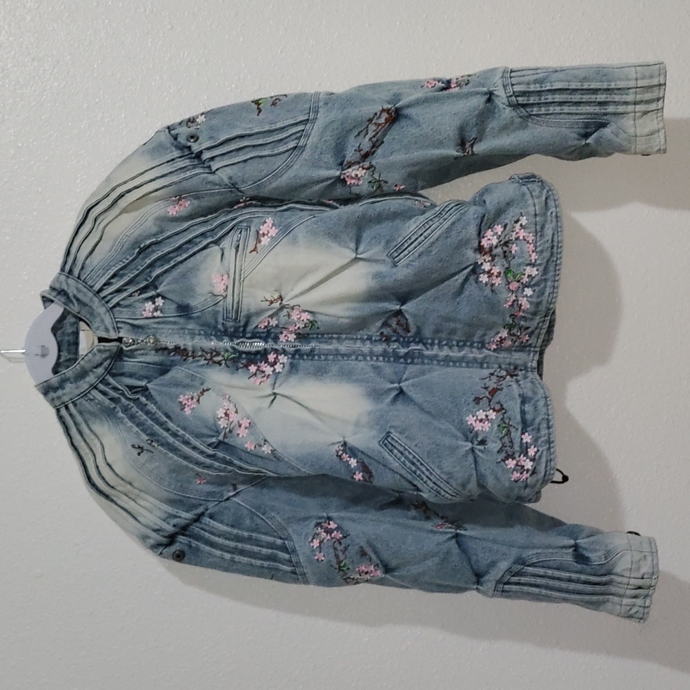 CHERRY BLOSSOM DENIM RACER JACKET BY BAD SON Medium UNISEX OVERSIZED COAT - Picture 4 of 10